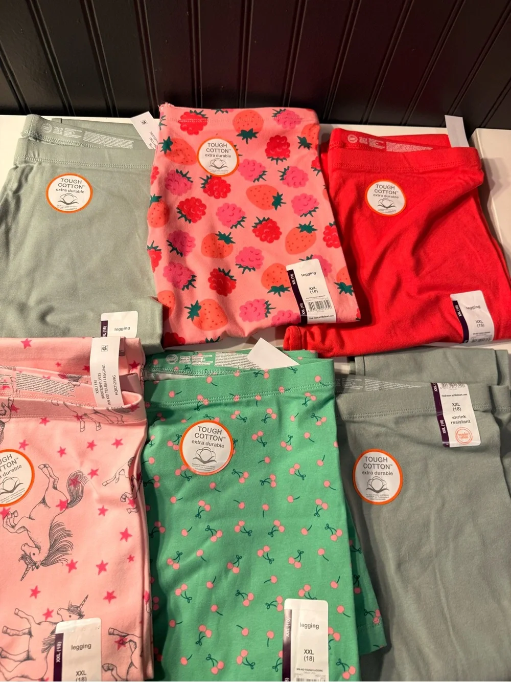 Girls' Tough Cotton Leggings Bundle - Pink, Green, Red, sage, unicorn and strawb